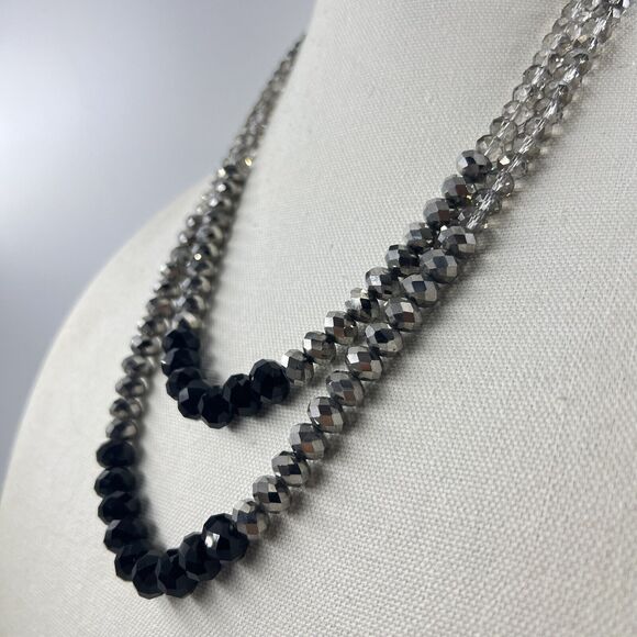 Ali Khan New York Two Strand Faceted Bead Necklace Black Silver Clear Acrylic - Picture 3 of 8